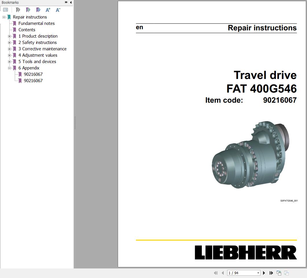 Liebherr Travel Drive FAT400G546 Repair Instructions Manual 90216067 2022 1