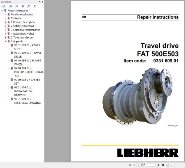 Liebherr Travel Drive FAT500E503 Repair Instructions Manual 933160901 1