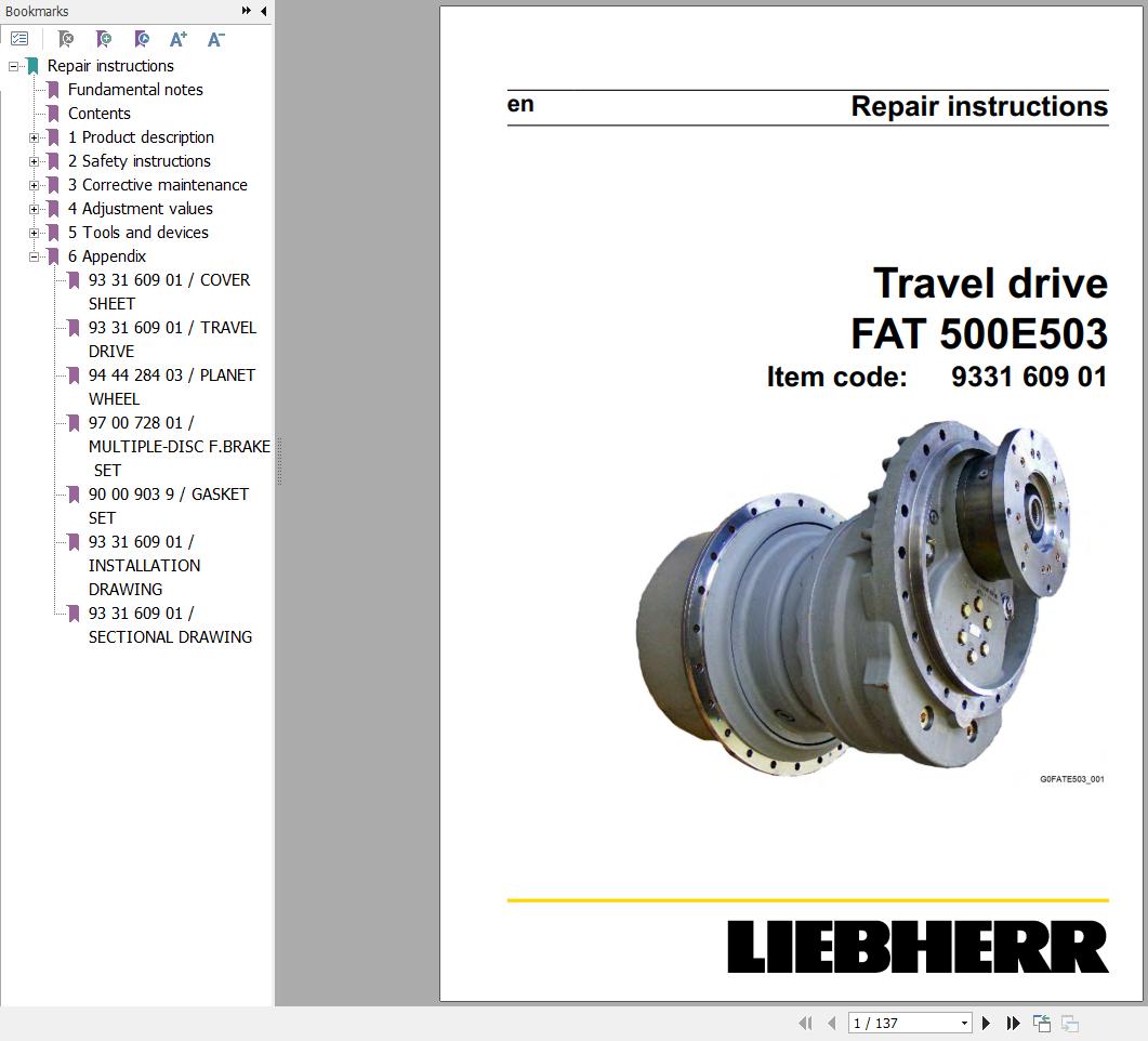 Liebherr Travel Drive FAT500E503 Repair Instructions Manual 933160901 1