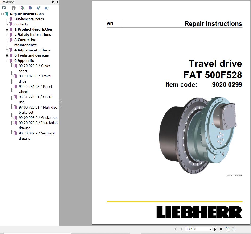 Liebherr Travel Drive FAT500F528 Repair Instructions Manual 90200299 1