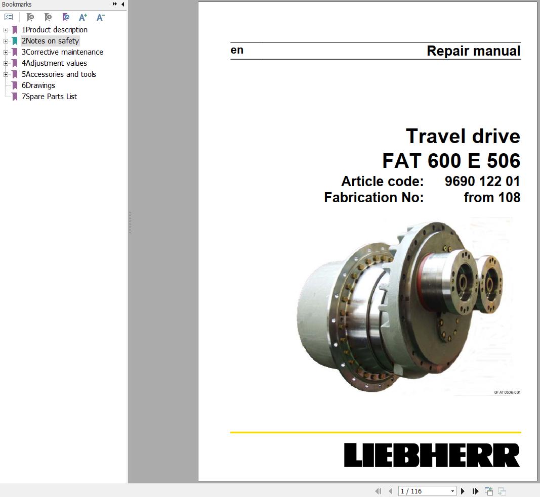 Liebherr Travel Drive FAT600E506 Repair Instructions Manual 969012201 1