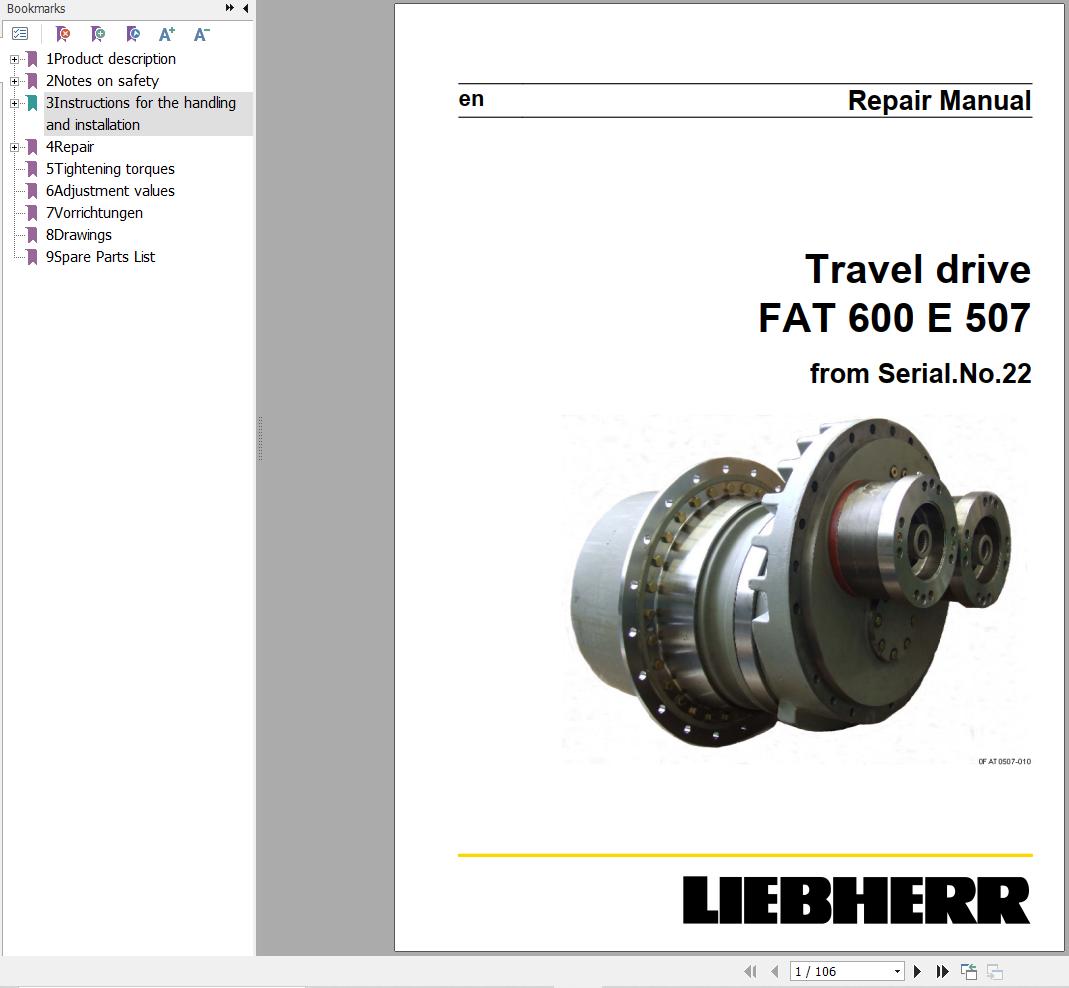 Liebherr Travel Drive FAT600E507 Repair Instructions Manual 969012301 1