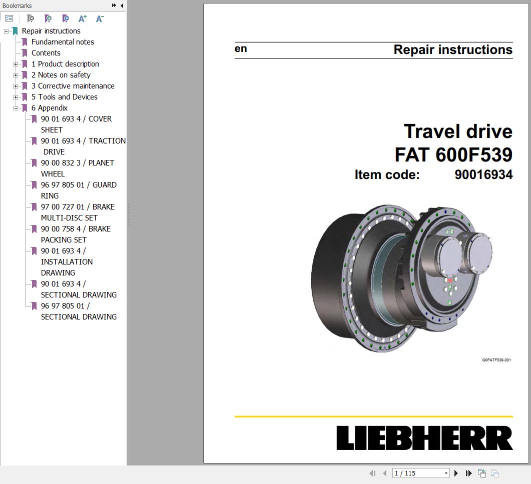 Liebherr Travel Drive FAT600F539 Repair Instructions Manual 90016934 1