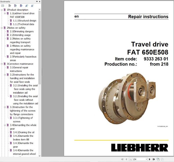 Liebherr Travel Drive FAT650E508 Repair Instructions Manual 933326301 1