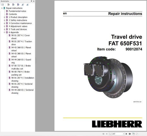 Liebherr Travel Drive FAT650F531 Repair Instructions Manual 90012074 1