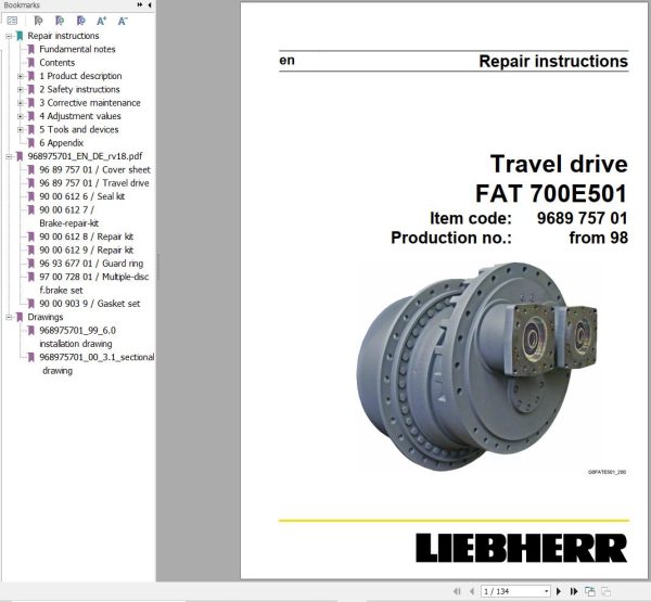 Liebherr Travel Drive FAT700E501 Repair Instructions Manual 968975701 1