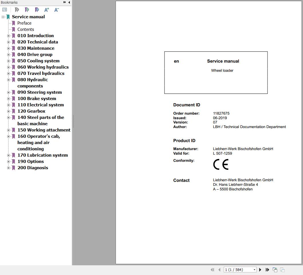 Liebherr Wheel Loader L507 1259 Service Manual 11827675 1