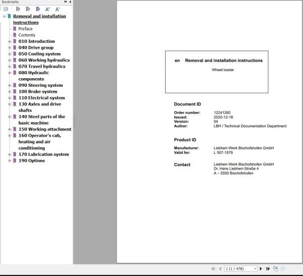 Liebherr Wheel Loader L507 1579 Removal And Installation Instructions 12241260 1