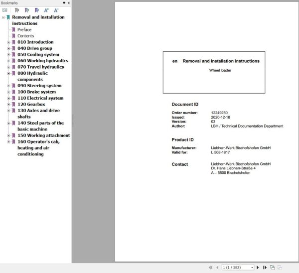 Liebherr Wheel Loader L508 1817 Removal And Installation Instructions 12249250 1