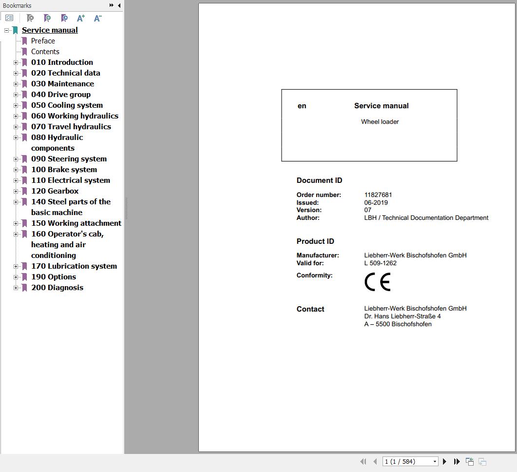 Liebherr Wheel Loader L509 1262 Service Manual 11827681 1