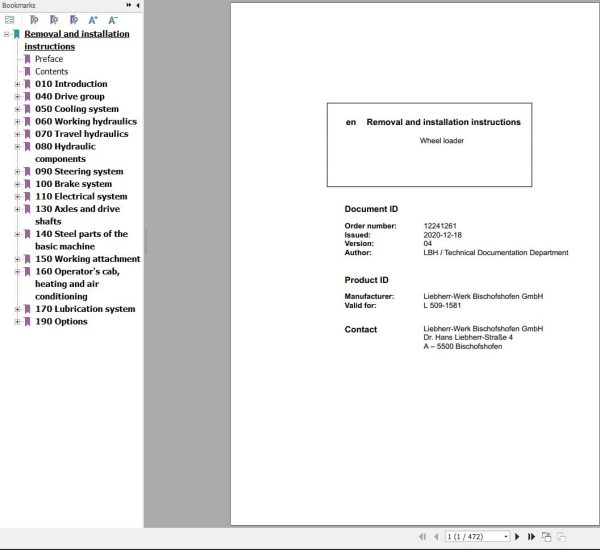 Liebherr Wheel Loader L509 1581 Removal And Installation Instructions 12241261 1