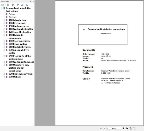 Liebherr Wheel Loader L509 1582 Removal And Installation Instructions 12241262 1