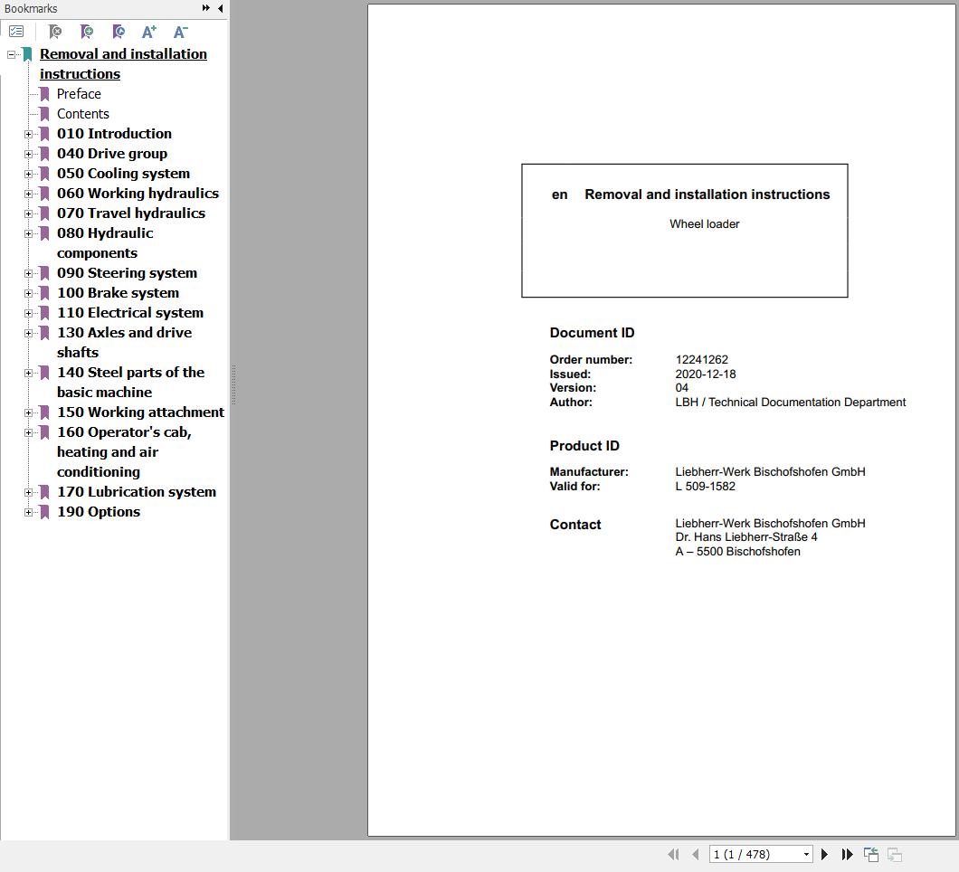 Liebherr Wheel Loader L509 1582 Removal And Installation Instructions 12241262 1