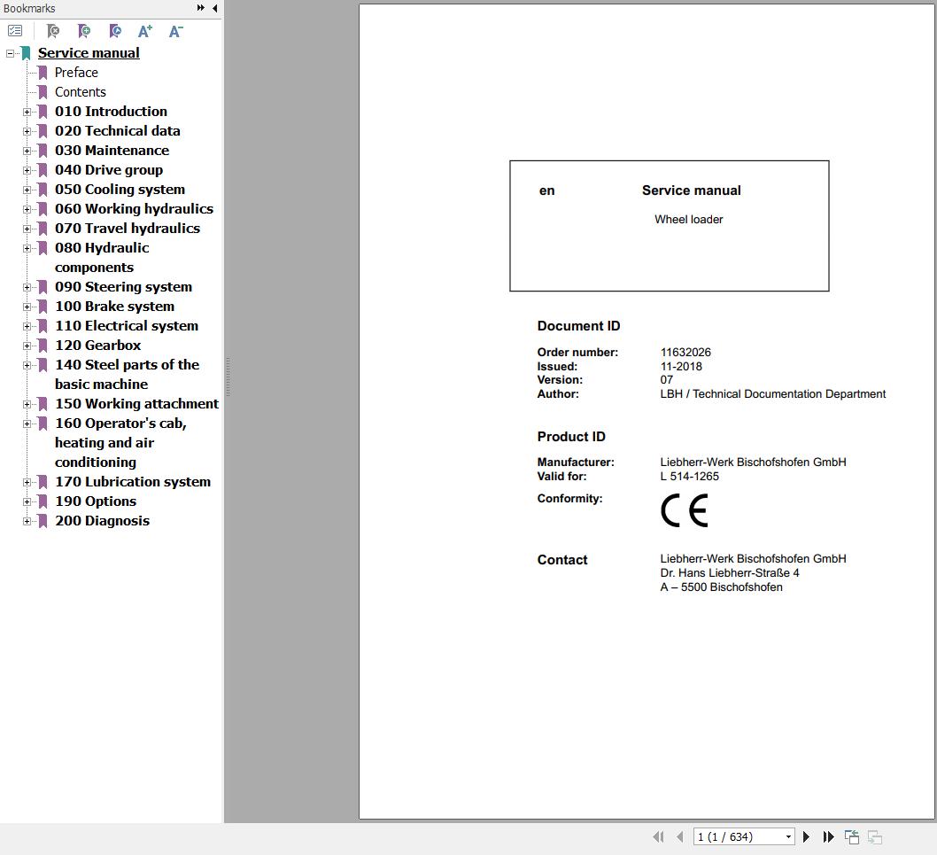 Liebherr Wheel Loader L514 1265 Service Manual 11632026 1