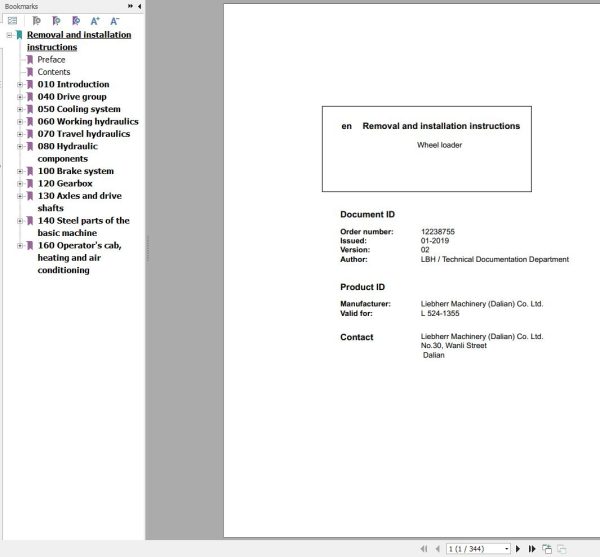 Liebherr Wheel Loader L524 1355 Removal And Installation Instructions Manual 12238755 1