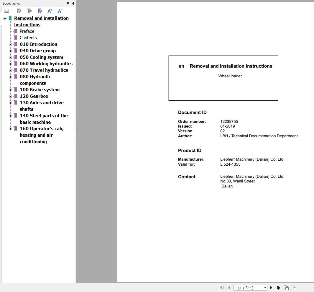 Liebherr Wheel Loader L524 1355 Removal And Installation Instructions Manual 12238755 1
