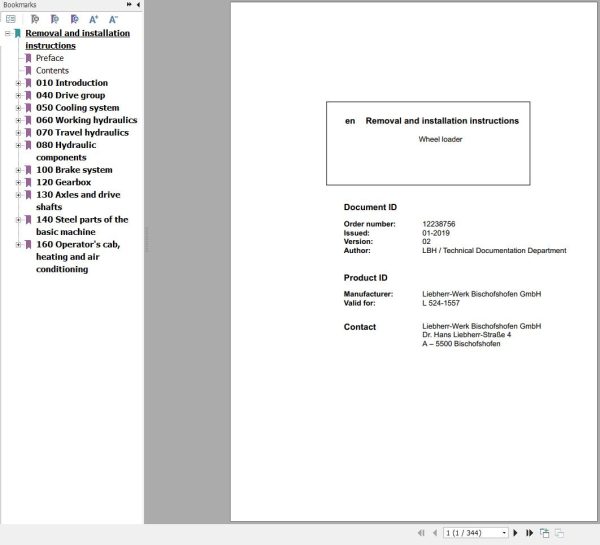 Liebherr Wheel Loader L524 1557 Removal And Installation Instructions Manual 12238756 1