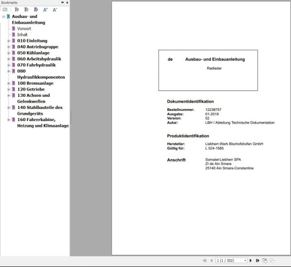 Liebherr Wheel Loader L524 1585 Removal And Installation Instructions Manual 12238757 DE 1