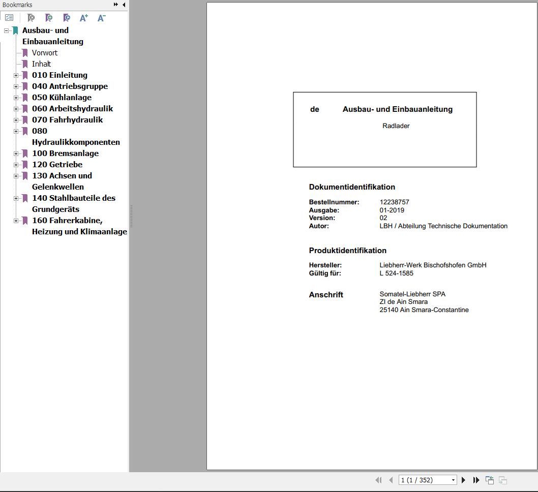 Liebherr Wheel Loader L524 1585 Removal And Installation Instructions Manual 12238757 DE 1