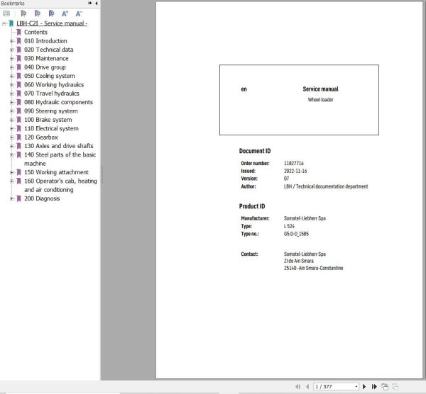 Liebherr Wheel Loader L524 G5.0 D 1585 Service Manual 11827716 1