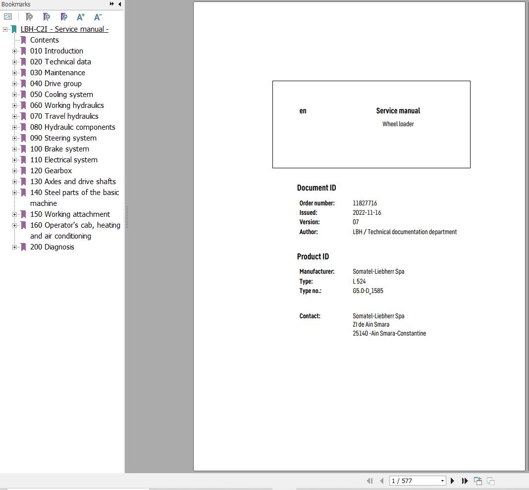 Liebherr Wheel Loader L524 G5.0 D 1585 Service Manual 11827716 1