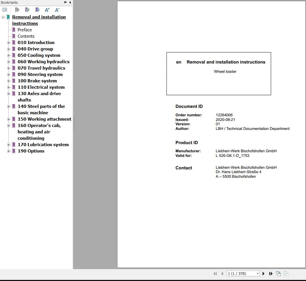 Liebherr Wheel Loader L526 G6.1 D 1753 Removal And Installation Instructions 12264006 1