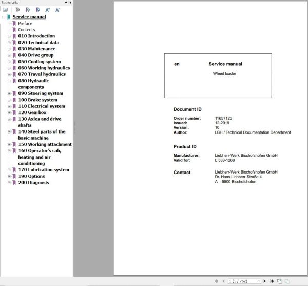 Liebherr Wheel Loader L538 1268 Service Manual 11657125 1