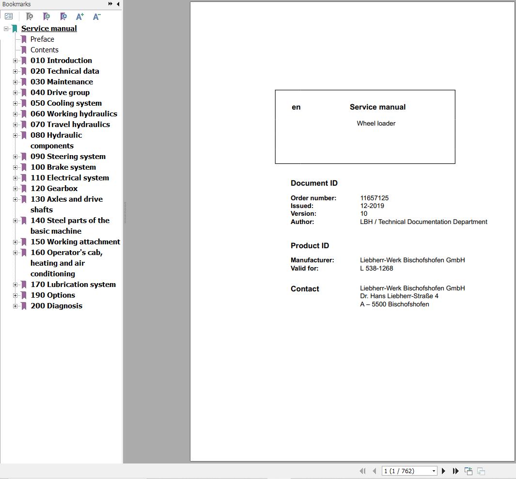 Liebherr Wheel Loader L538 1268 Service Manual 11657125 1