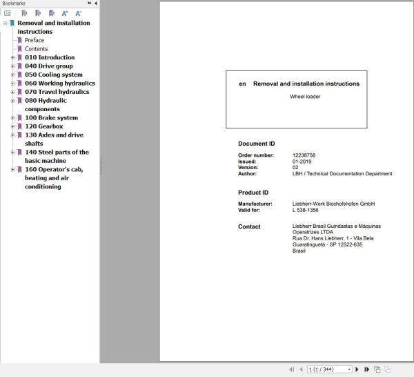 Liebherr Wheel Loader L538 1356 Removal And Installation Instructions Manual 12238758 1