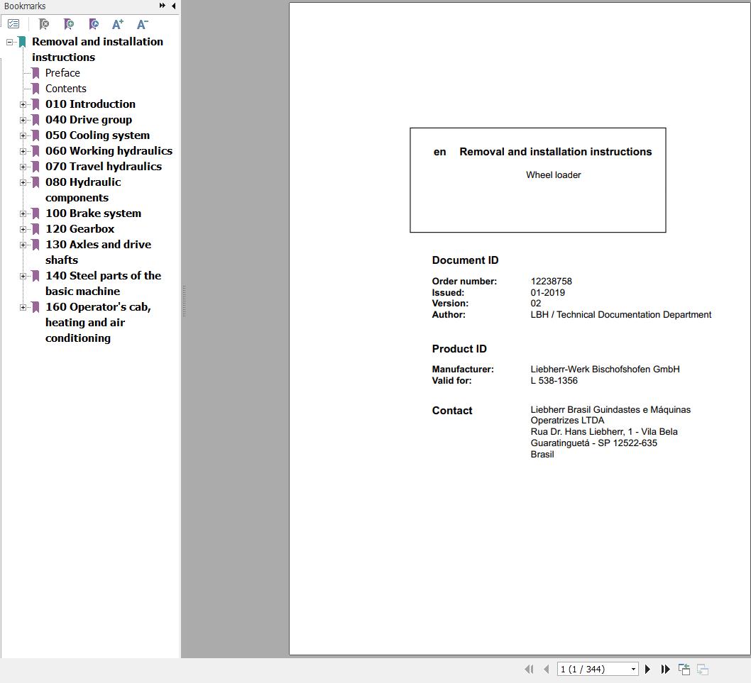 Liebherr Wheel Loader L538 1356 Removal And Installation Instructions Manual 12238758 1
