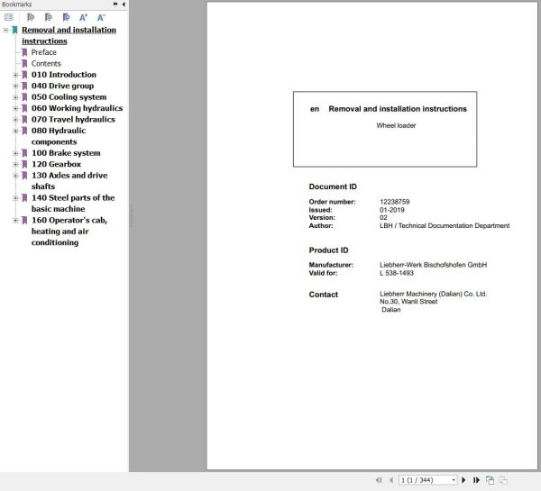 Liebherr Wheel Loader L538 1493 Removal And Installation Instructions Manual 12238759 1