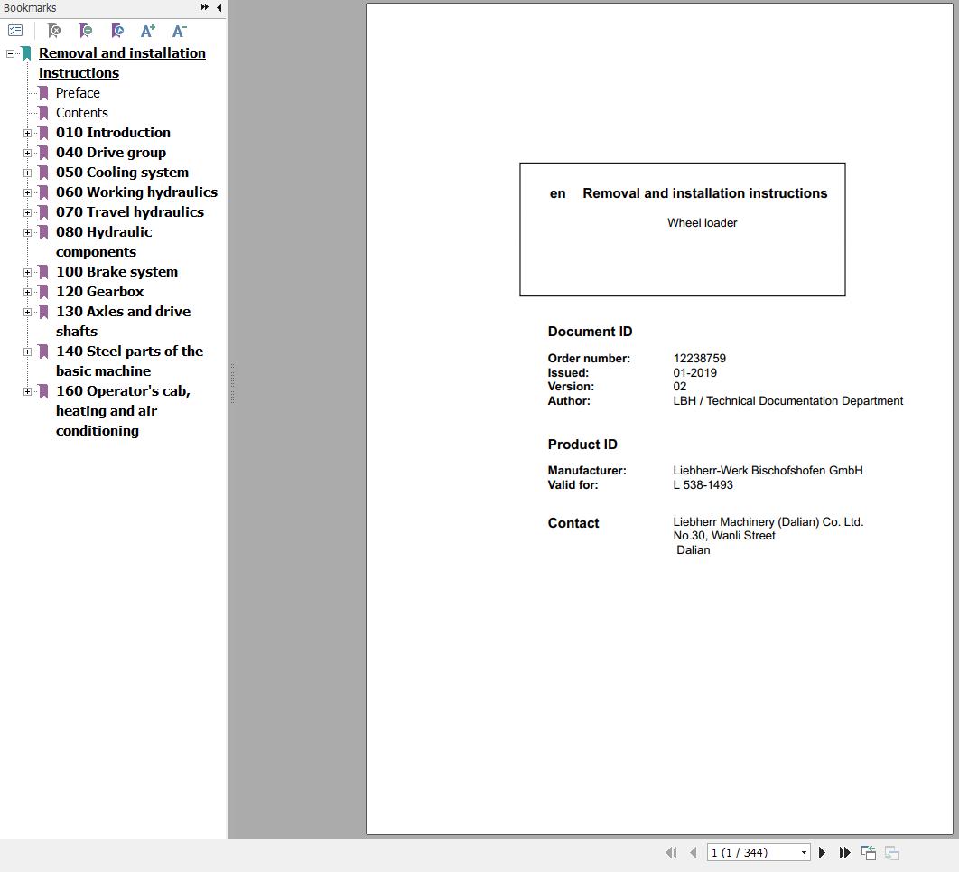 Liebherr Wheel Loader L538 1493 Removal And Installation Instructions Manual 12238759 1