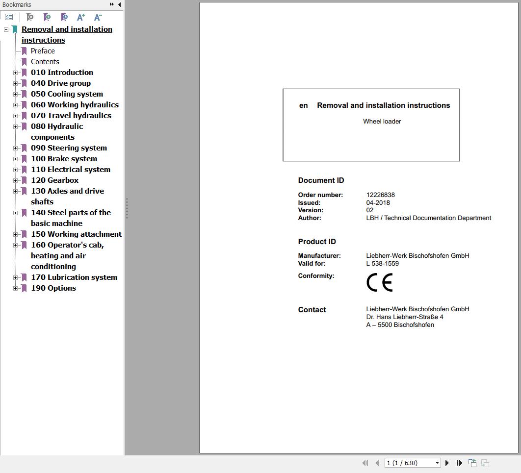 Liebherr Wheel Loader L538 1559 Removal And Installation Instructions 12226838 1
