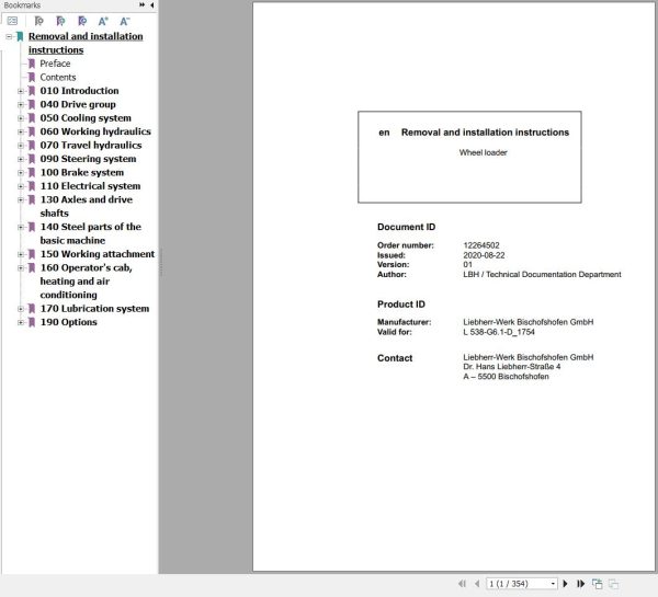 Liebherr Wheel Loader L538 G6.1 D 1754 Removal And Installation Instructions 12264502 1
