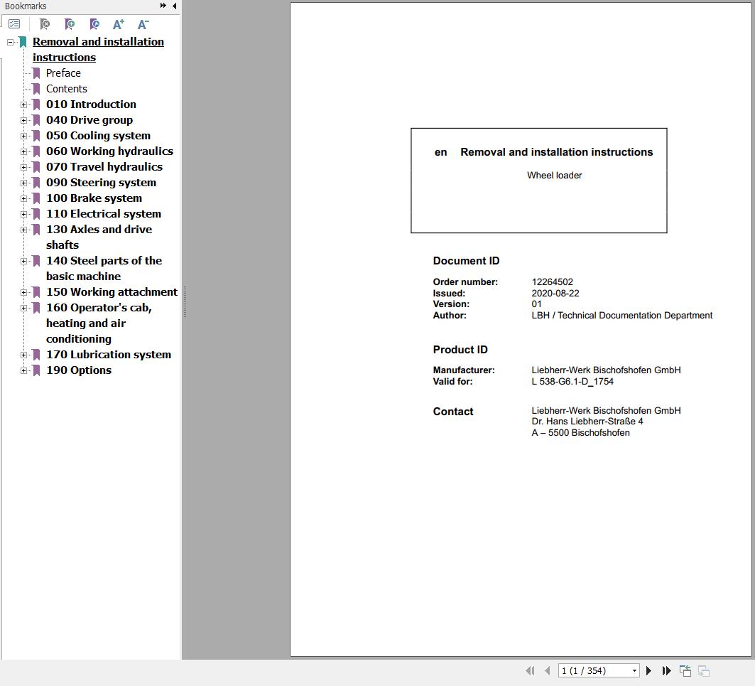 Liebherr Wheel Loader L538 G6.1 D 1754 Removal And Installation Instructions 12264502 1