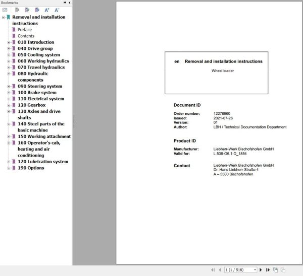 Liebherr Wheel Loader L538 G6.1 D 1854 Removal And Installation Instructions 12276960 1