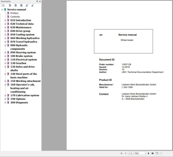 Liebherr Wheel Loader L542 1269 Service Manual 11657128 1