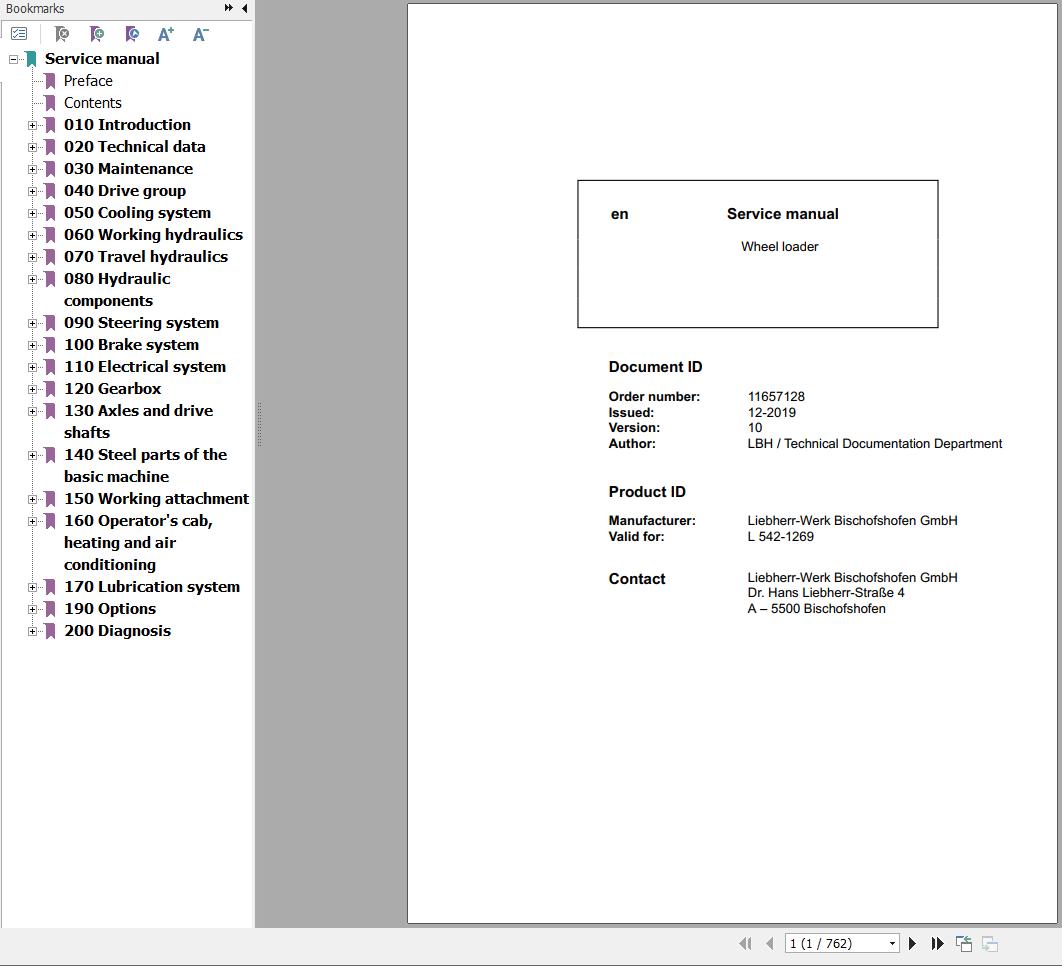 Liebherr Wheel Loader L542 1269 Service Manual 11657128 1