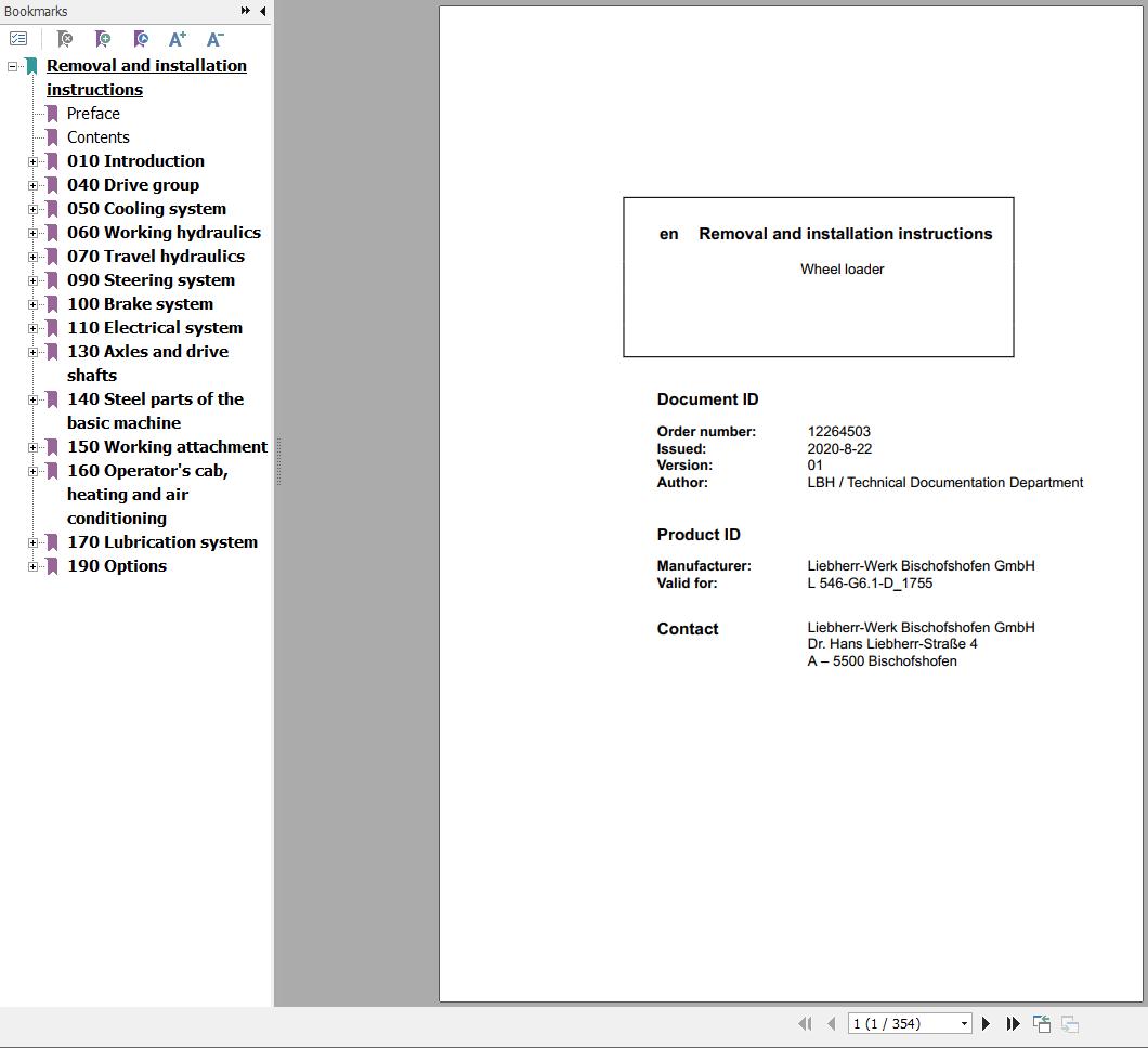 Liebherr Wheel Loader L546 G6.1 D 1755 Removal And Installation Instructions 12264503 1