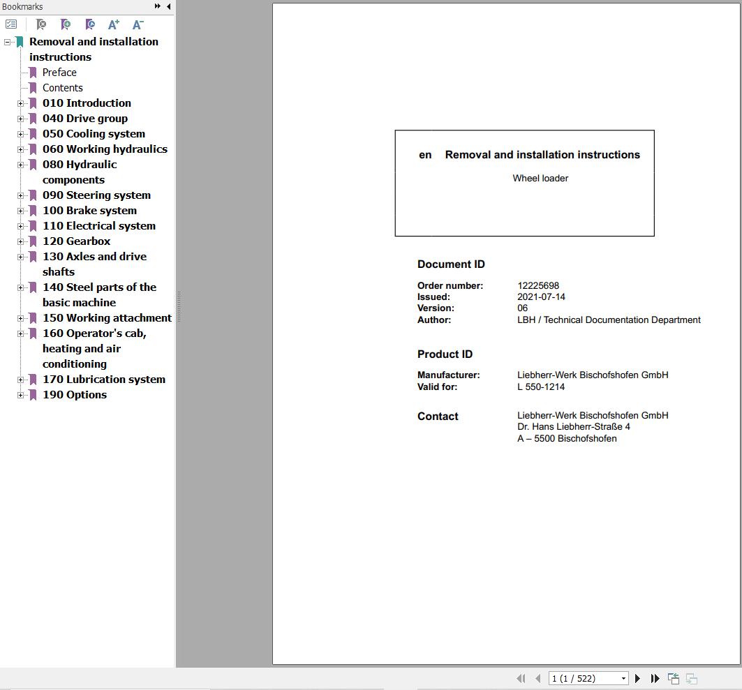 Liebherr Wheel Loader L550 1214 Removal And Installation Instructions 12225698 1