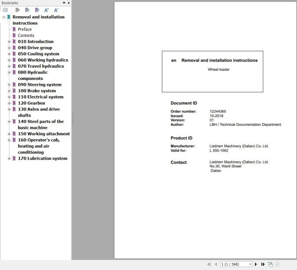 Liebherr Wheel Loader L550 1562 Removal And Installation Instructions Manual 12244365 1