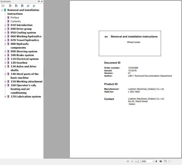 Liebherr Wheel Loader L550 1839 Removal And Installation Instructions Manual 12244366 1