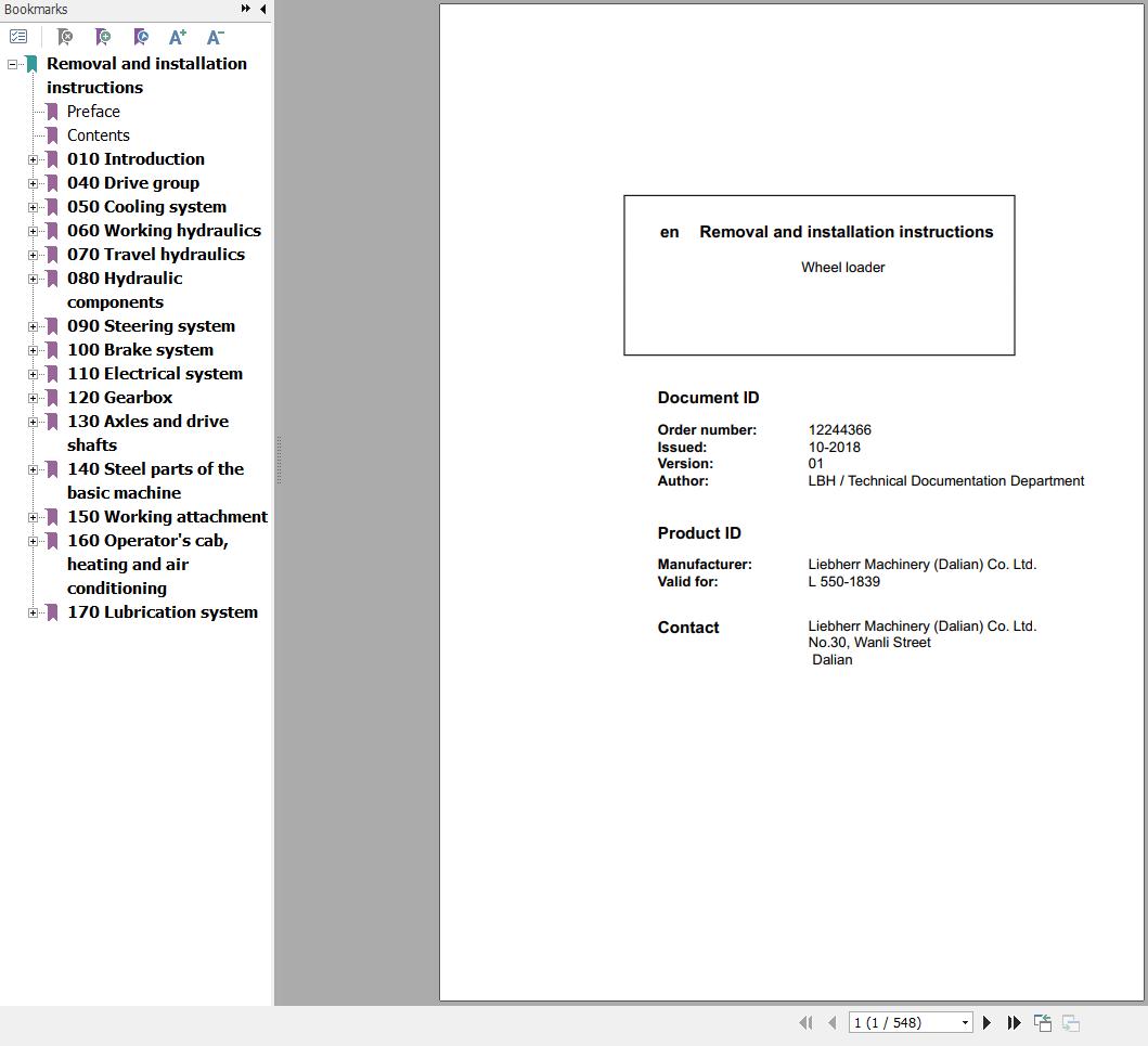 Liebherr Wheel Loader L550 1839 Removal And Installation Instructions Manual 12244366 1