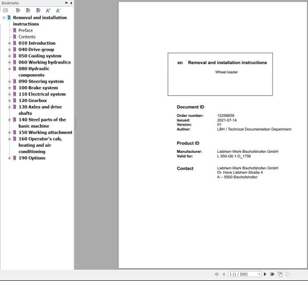 Liebherr Wheel Loader L550 G6.1 D 1756 Removal And Installation Instructions 12256659 1