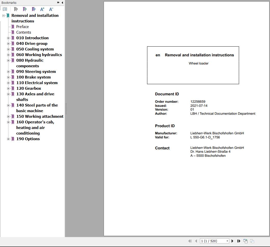 Liebherr Wheel Loader L550 G6.1 D 1756 Removal And Installation Instructions 12256659 1