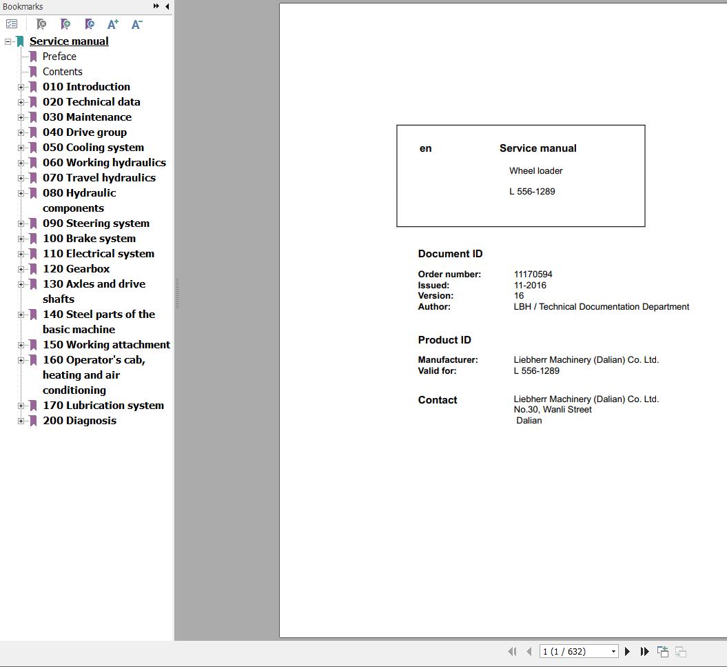 Liebherr Wheel Loader L556 1289 Service Manual 11170594 1