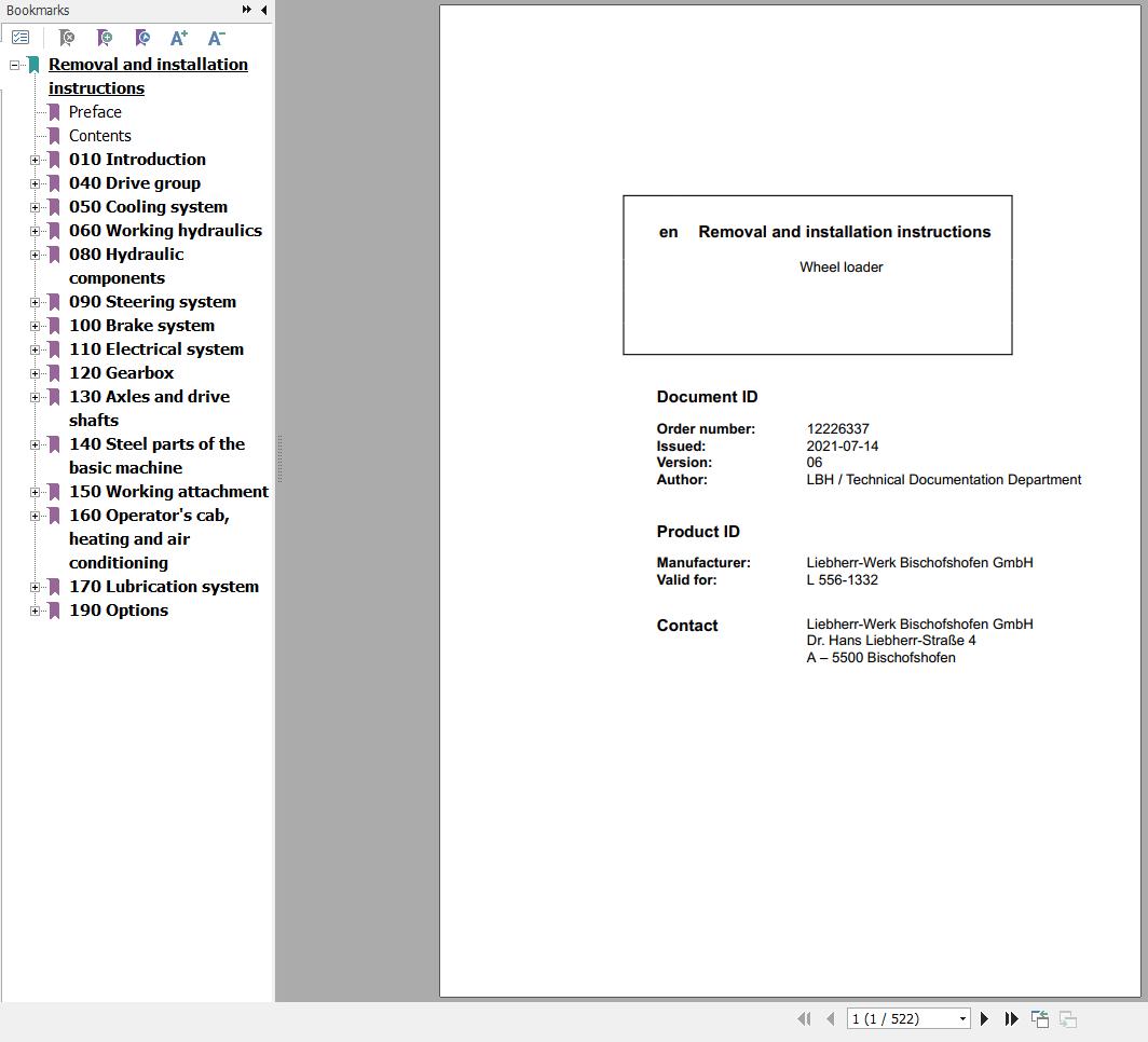 Liebherr Wheel Loader L556 1332 Removal And Installation Instructions 12226337 1