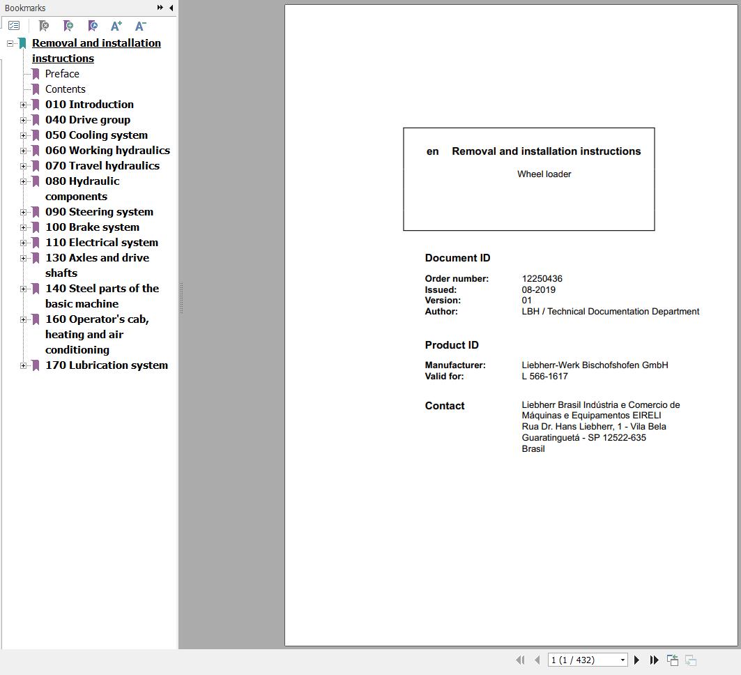 Liebherr Wheel Loader L556 1617 Removal And Installation Instructions Manual 12250436 1