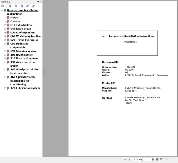 Liebherr Wheel Loader L556 1618 Removal And Installation Instructions Manual 12249152 1
