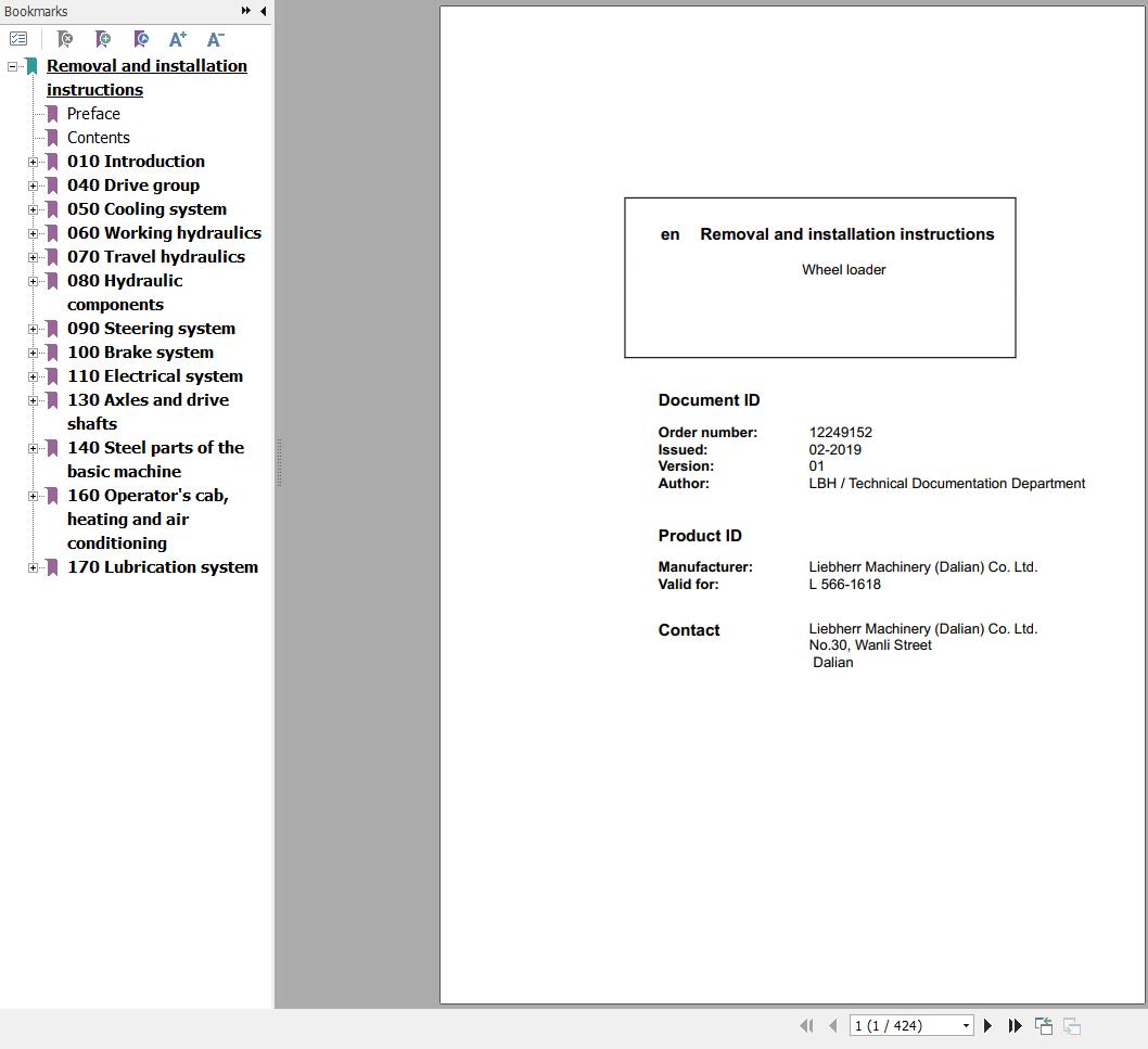 Liebherr Wheel Loader L556 1618 Removal And Installation Instructions Manual 12249152 1